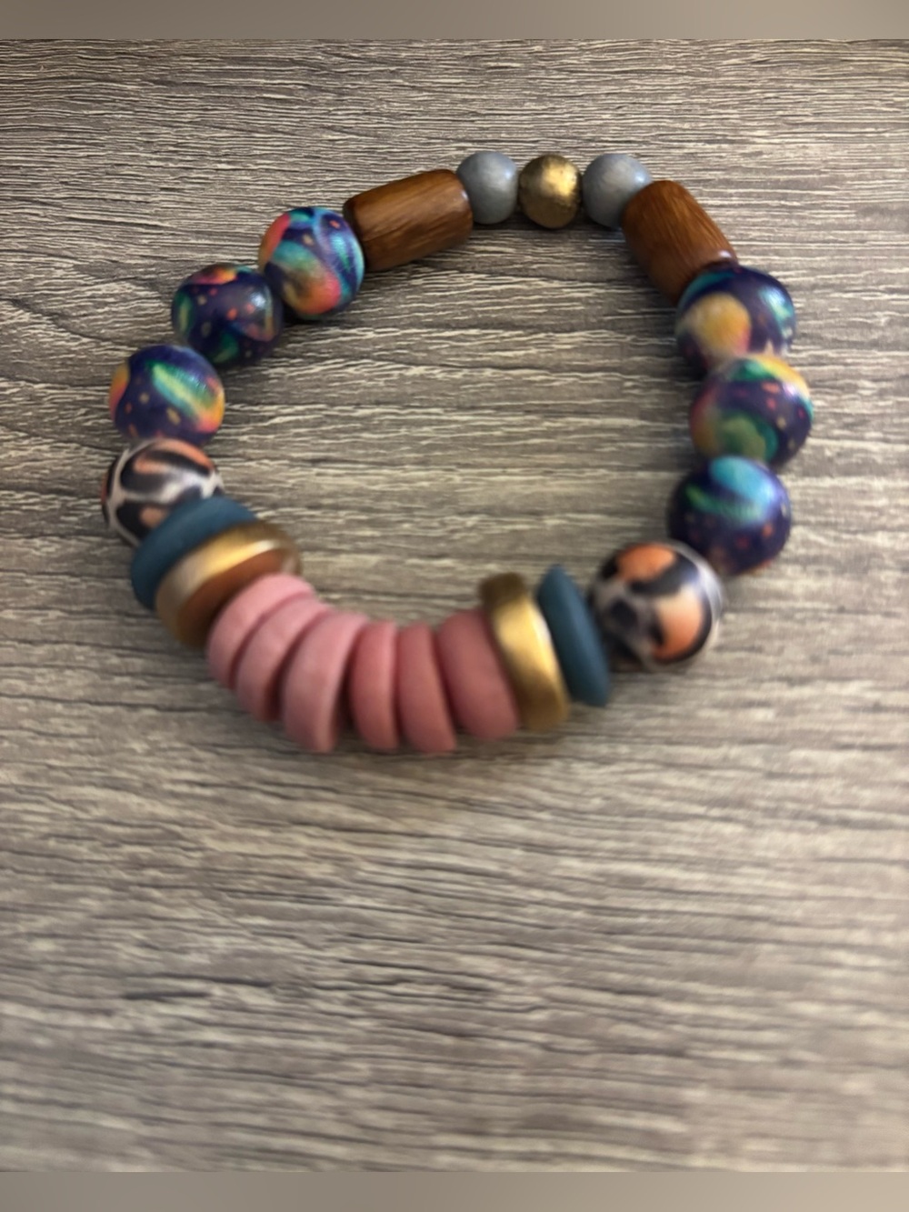 Colorful Beaded Stretch Bracelet - Pink, Teal, Gold Accents